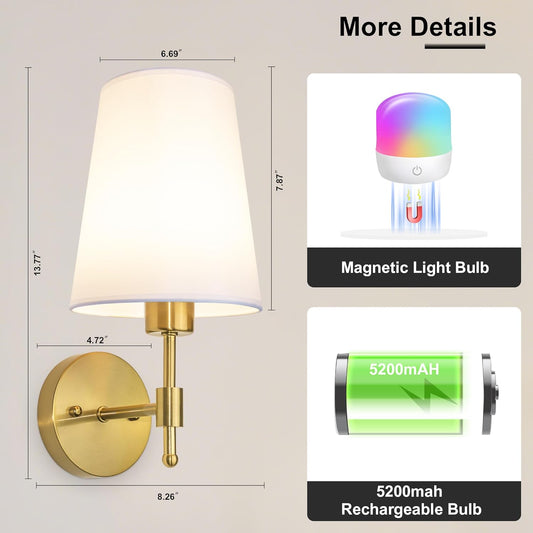 Battery Operated Wall Sconces Set of 2, Rechargeable Gold Wall Sconce with Remote Control, 12 Colors RGB Magnetic Bulb, Wireless Battery Wall Lamp for Bedroom Living Room Hallway