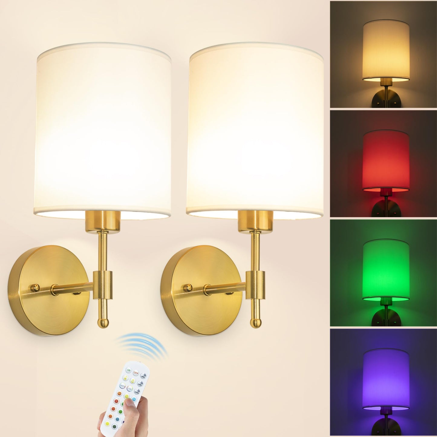 Battery Operated Wall Sconces Set of 2, Rechargeable Gold Wall Sconce with Remote Control, 12 Colors RGB Magnetic Bulb, Wireless Battery Wall Lamp for Bedroom Living Room Hallway