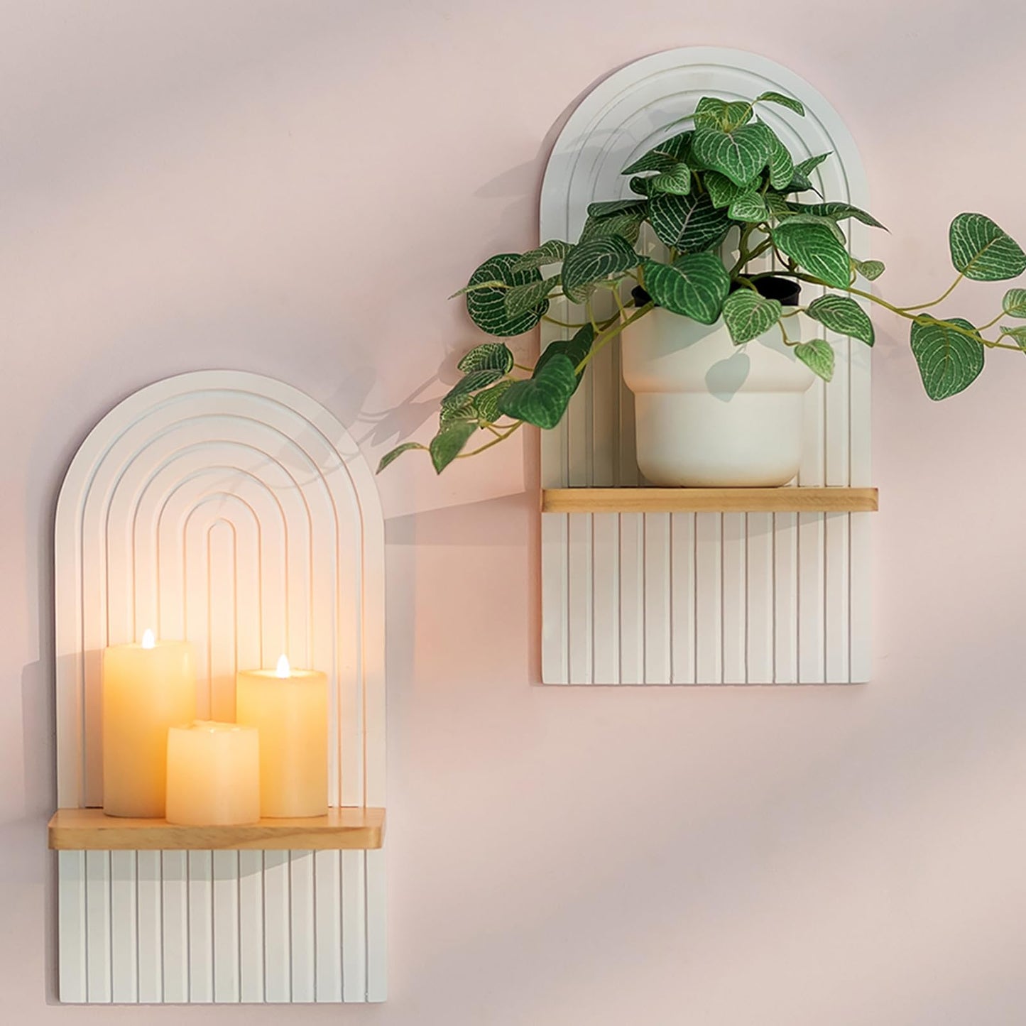 Boho Wall Decor Set of Two - Natural Modern Minimalist Mid Century Wall Candle Holder for Living Room - Wood Bohemian Decor for Bathroom Nursery Bedroom