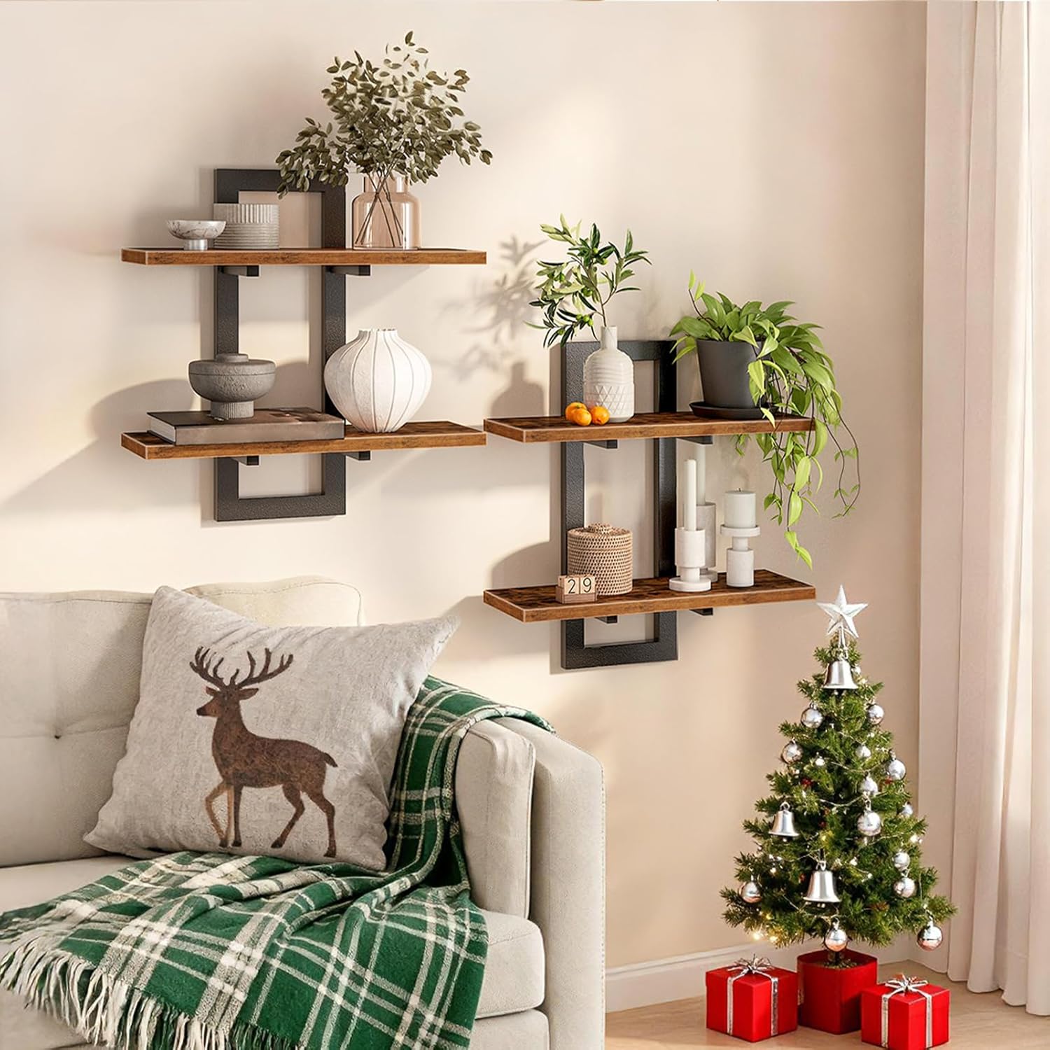 HOOBRO Floating Shelves, 15 Inch Wall Shelf Set of 2, Wall Mounted Storage Shelves 2-Tier, Hanging Bathroom Shelves, for Living Room, Bedroom, Bathroom, Kitchen, Rustic Brown and Black BF32BJ01