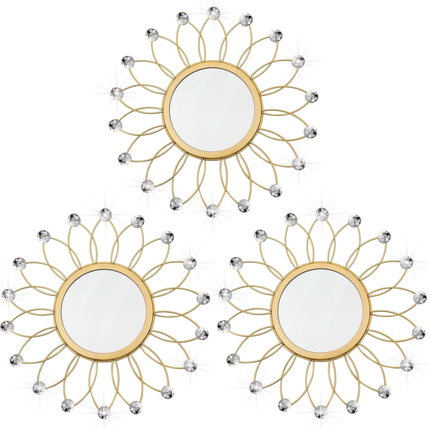 3 Pack Metal Mirrors for Wall Sunburst Wall Mirrors Home Décor Decorative Hanging Wall Art for Living Room Bedroom Entryway (Gold, Flower+Sunburst)