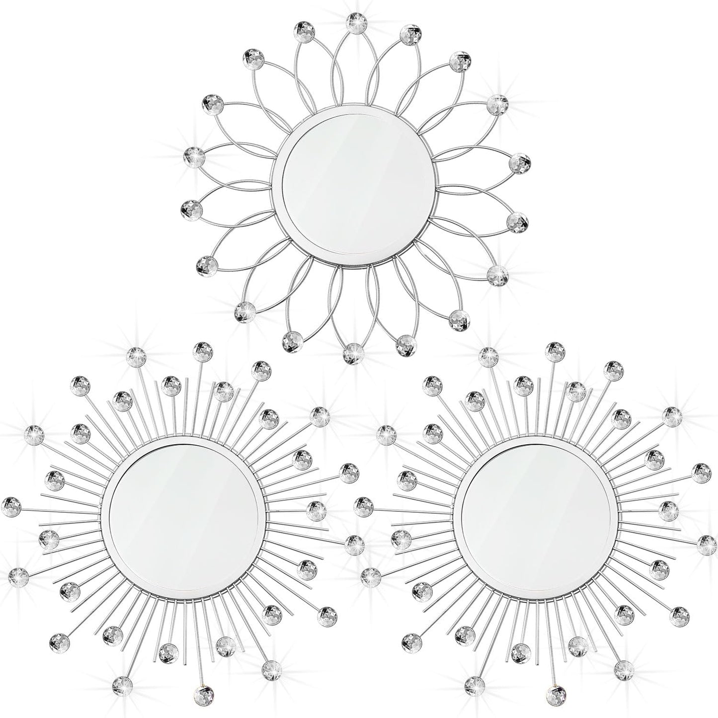3 Pack Metal Mirrors for Wall Sunburst Wall Mirrors Home Décor Decorative Hanging Wall Art for Living Room Bedroom Entryway (Gold, Flower+Sunburst)