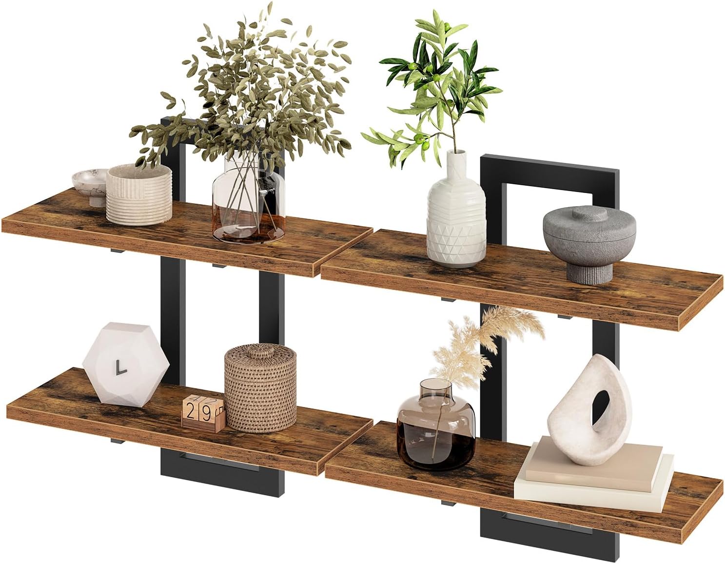 HOOBRO Floating Shelves, 15 Inch Wall Shelf Set of 2, Wall Mounted Storage Shelves 2-Tier, Hanging Bathroom Shelves, for Living Room, Bedroom, Bathroom, Kitchen, Rustic Brown and Black BF32BJ01