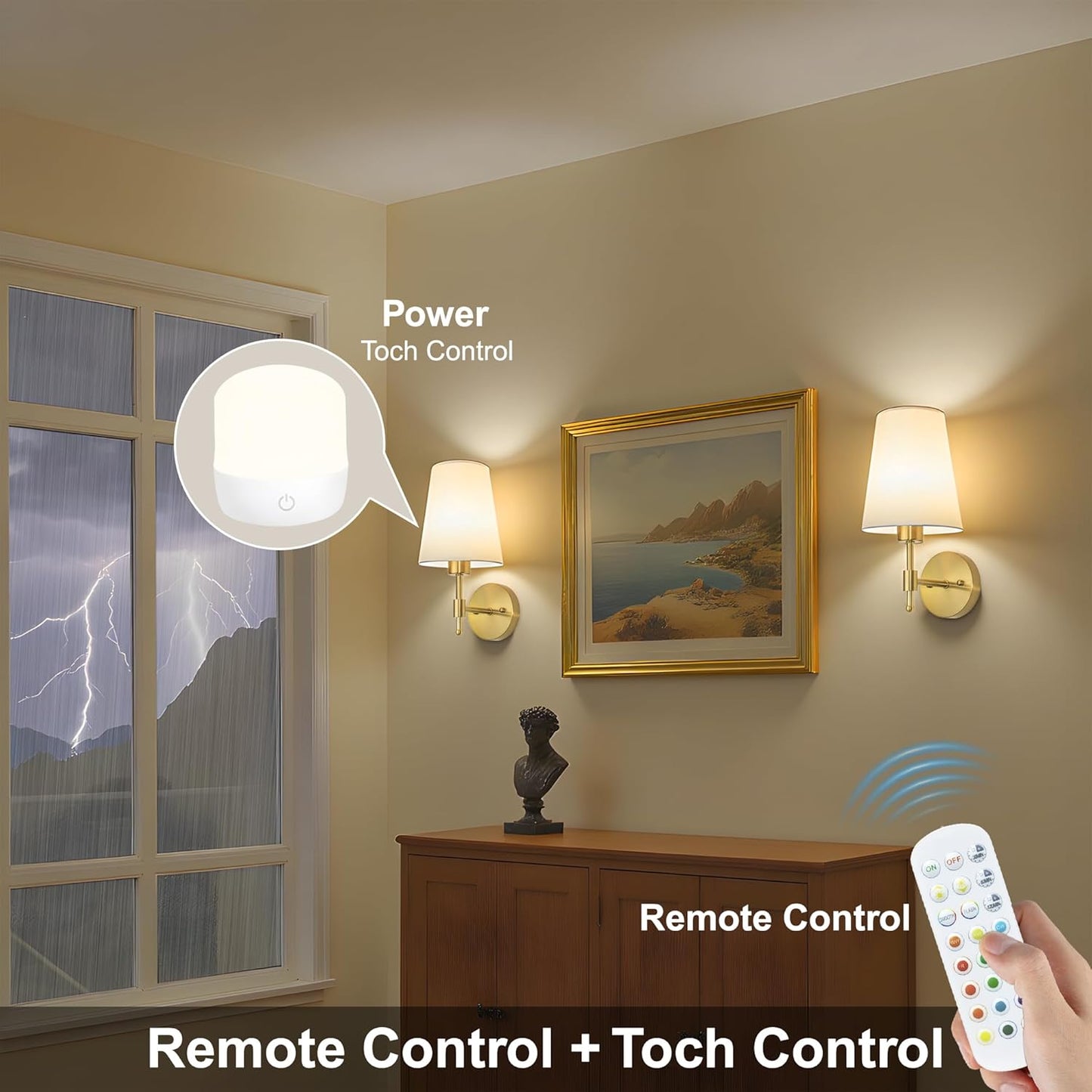 Battery Operated Wall Sconces Set of 2, Rechargeable Gold Wall Sconce with Remote Control, 12 Colors RGB Magnetic Bulb, Wireless Battery Wall Lamp for Bedroom Living Room Hallway