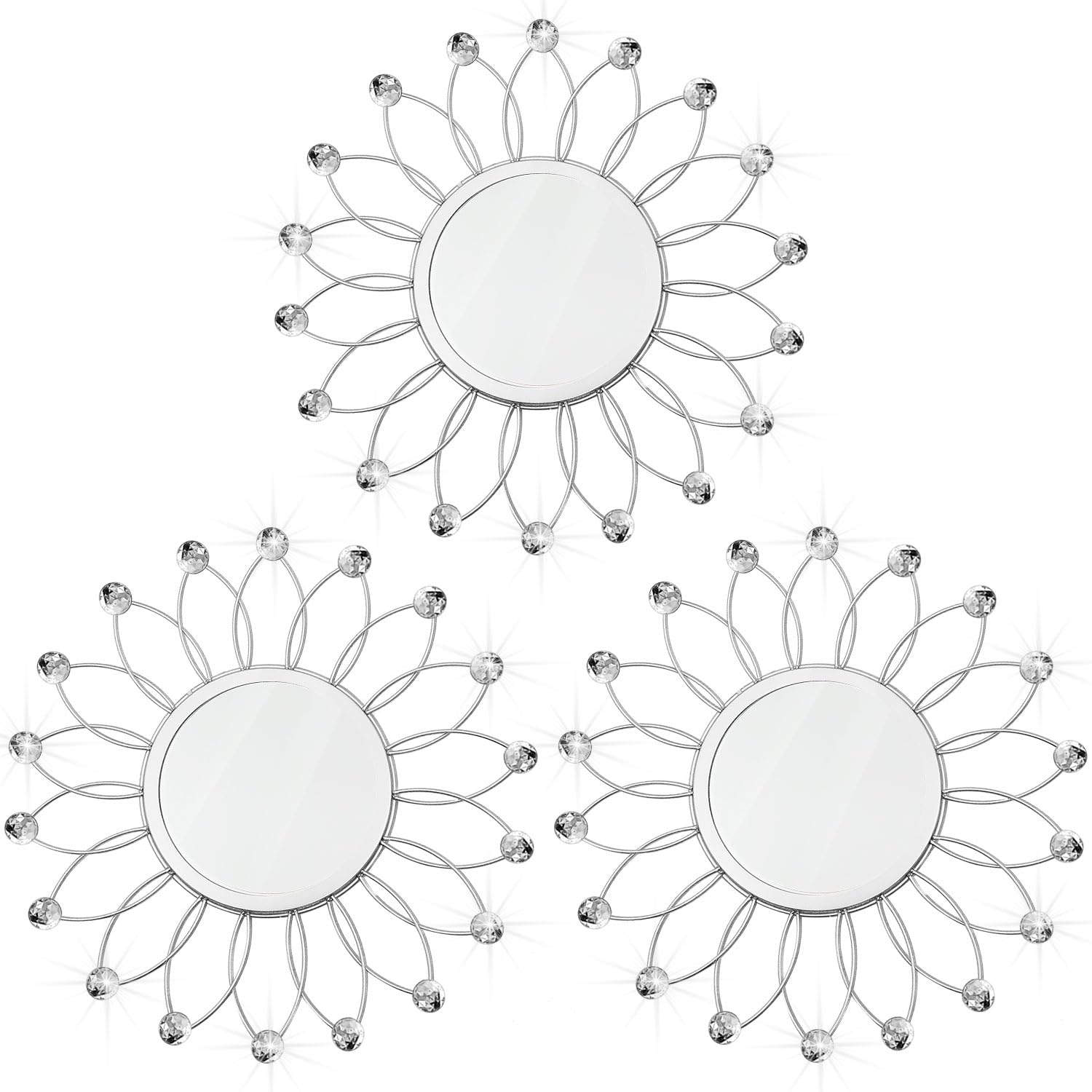 3 Pack Metal Mirrors for Wall Sunburst Wall Mirrors Home Décor Decorative Hanging Wall Art for Living Room Bedroom Entryway (Gold, Flower+Sunburst)