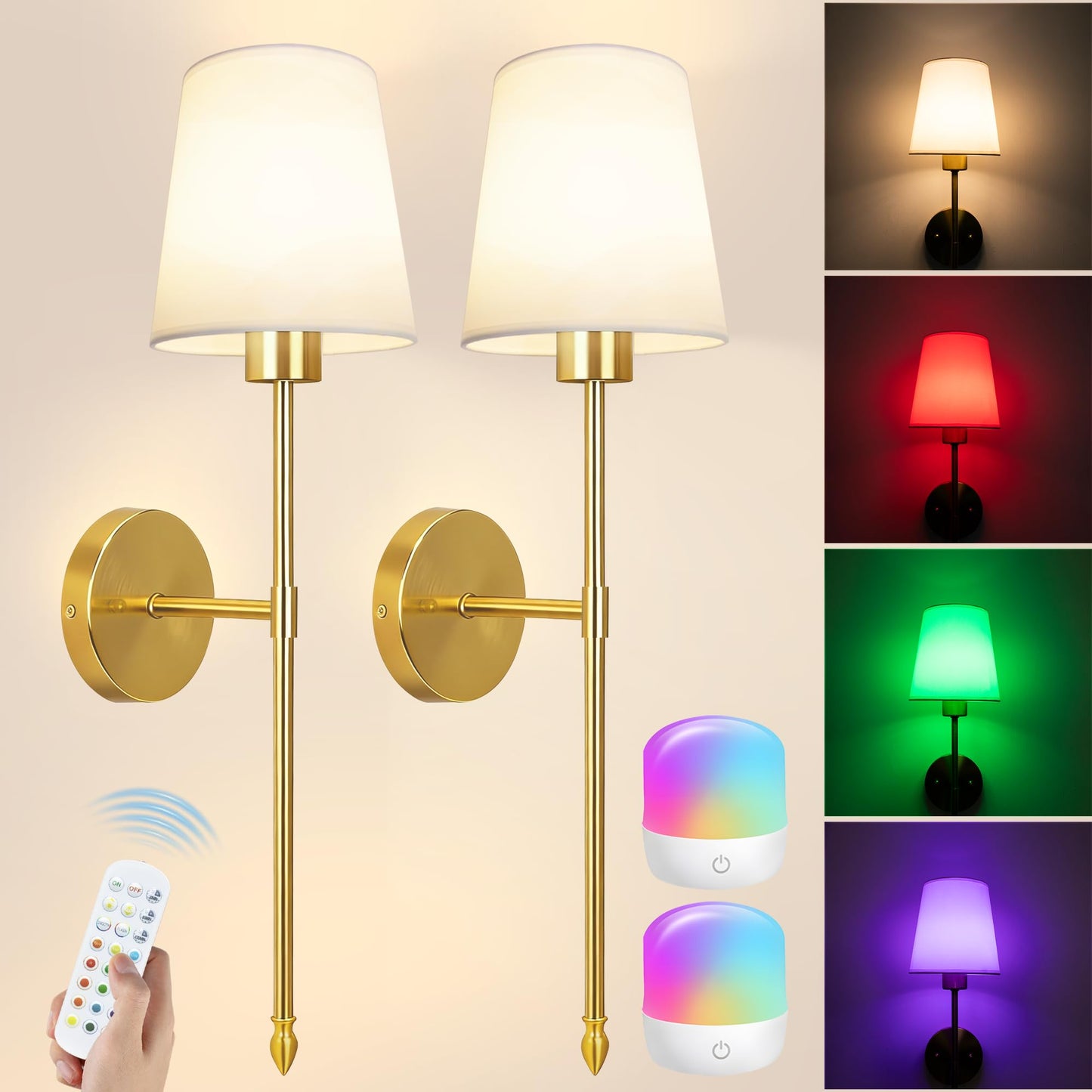 Battery Operated Wall Sconces Set of 2, Rechargeable Gold Wall Sconce with Remote Control, 12 Colors RGB Magnetic Bulb, Wireless Battery Wall Lamp for Bedroom Living Room Hallway