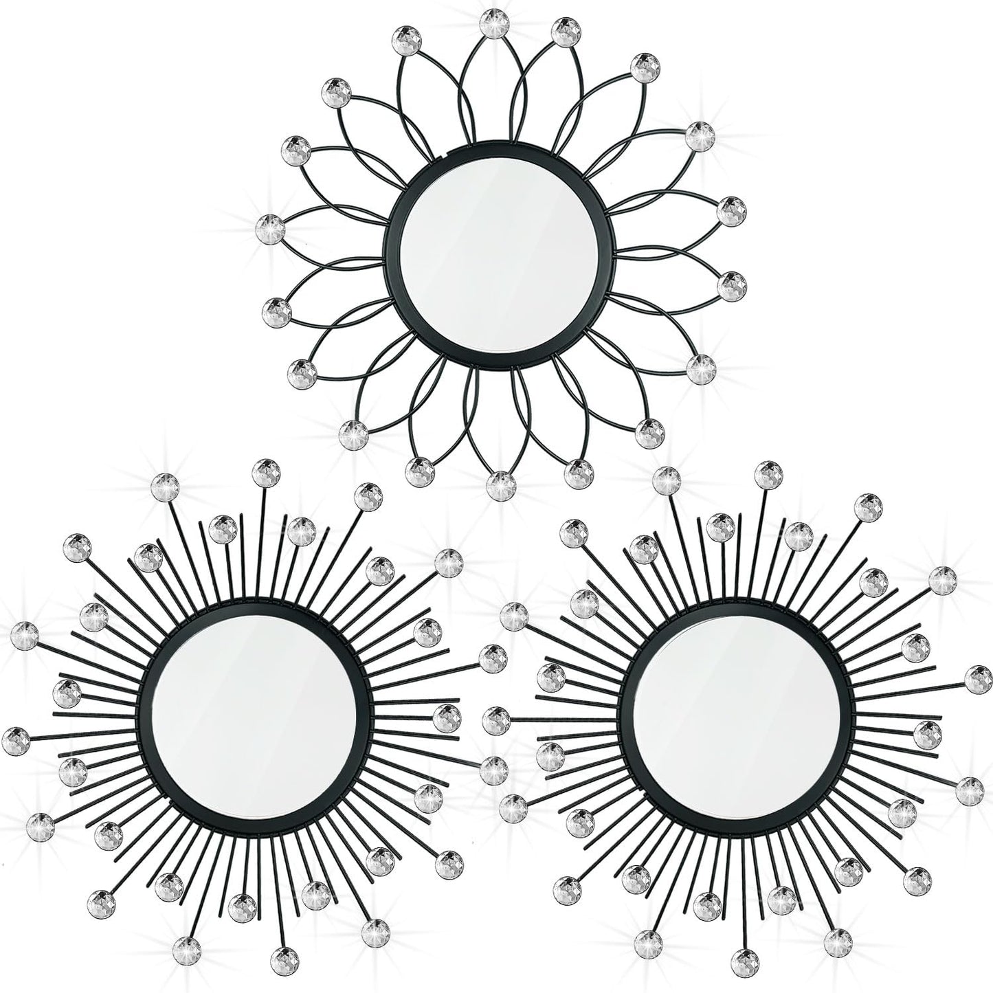 3 Pack Metal Mirrors for Wall Sunburst Wall Mirrors Home Décor Decorative Hanging Wall Art for Living Room Bedroom Entryway (Gold, Flower+Sunburst)