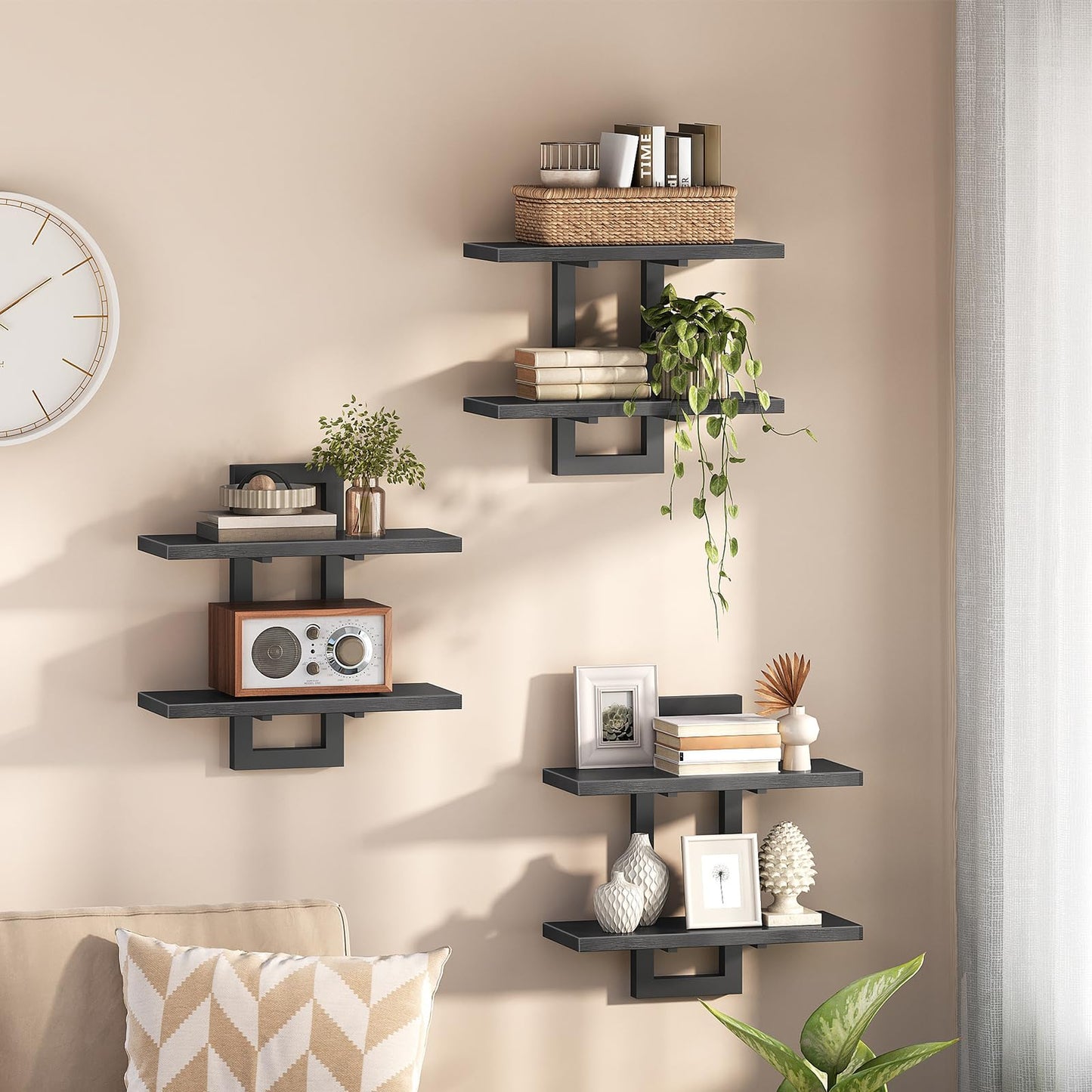 HOOBRO Floating Shelves, 15 Inch Wall Shelf Set of 2, Wall Mounted Storage Shelves 2-Tier, Hanging Bathroom Shelves, for Living Room, Bedroom, Bathroom, Kitchen, Rustic Brown and Black BF32BJ01