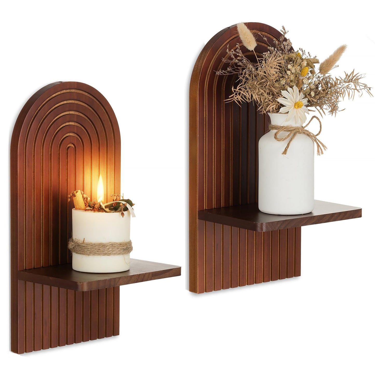 Boho Wall Decor Set of Two - Natural Modern Minimalist Mid Century Wall Candle Holder for Living Room - Wood Bohemian Decor for Bathroom Nursery Bedroom