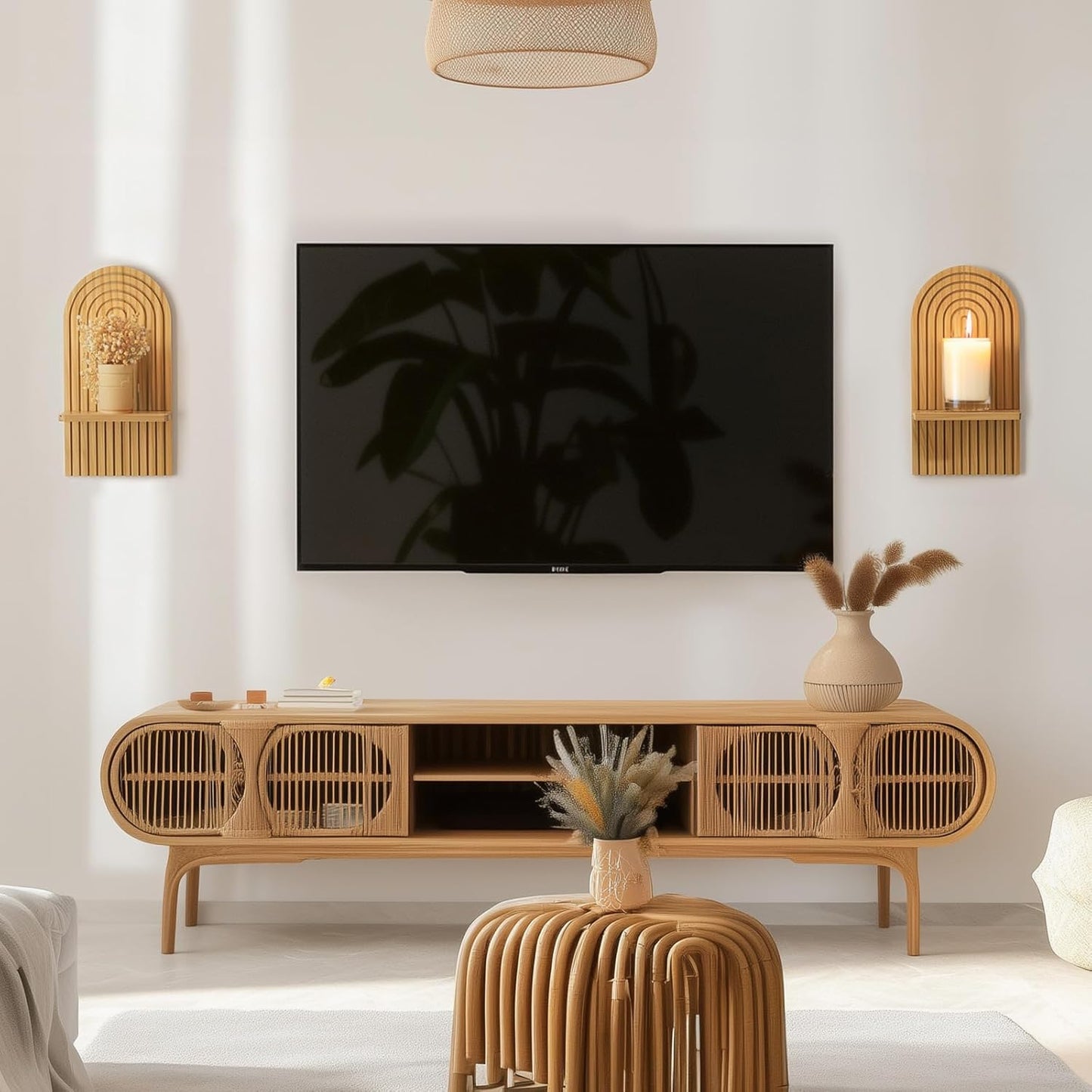 Boho Wall Decor Set of Two - Natural Modern Minimalist Mid Century Wall Candle Holder for Living Room - Wood Bohemian Decor for Bathroom Nursery Bedroom