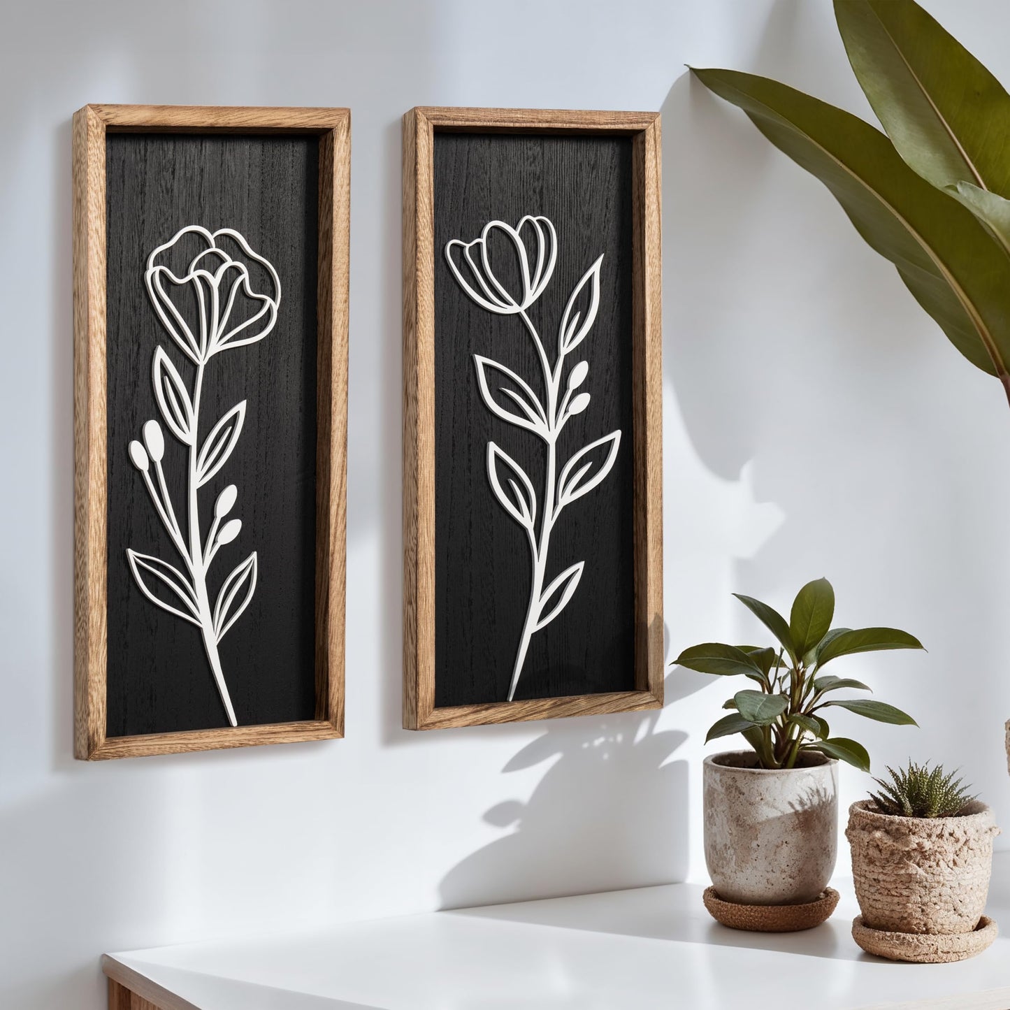 3D Wooden Floral Bathroom Wall Decor (Set of 4) Lightweight, Ready-to-Hang Framed Wall Art For Living Room, Bedroom, or Office - Premium Boho Botanical Farmhouse Decorations - Gift-Boxed