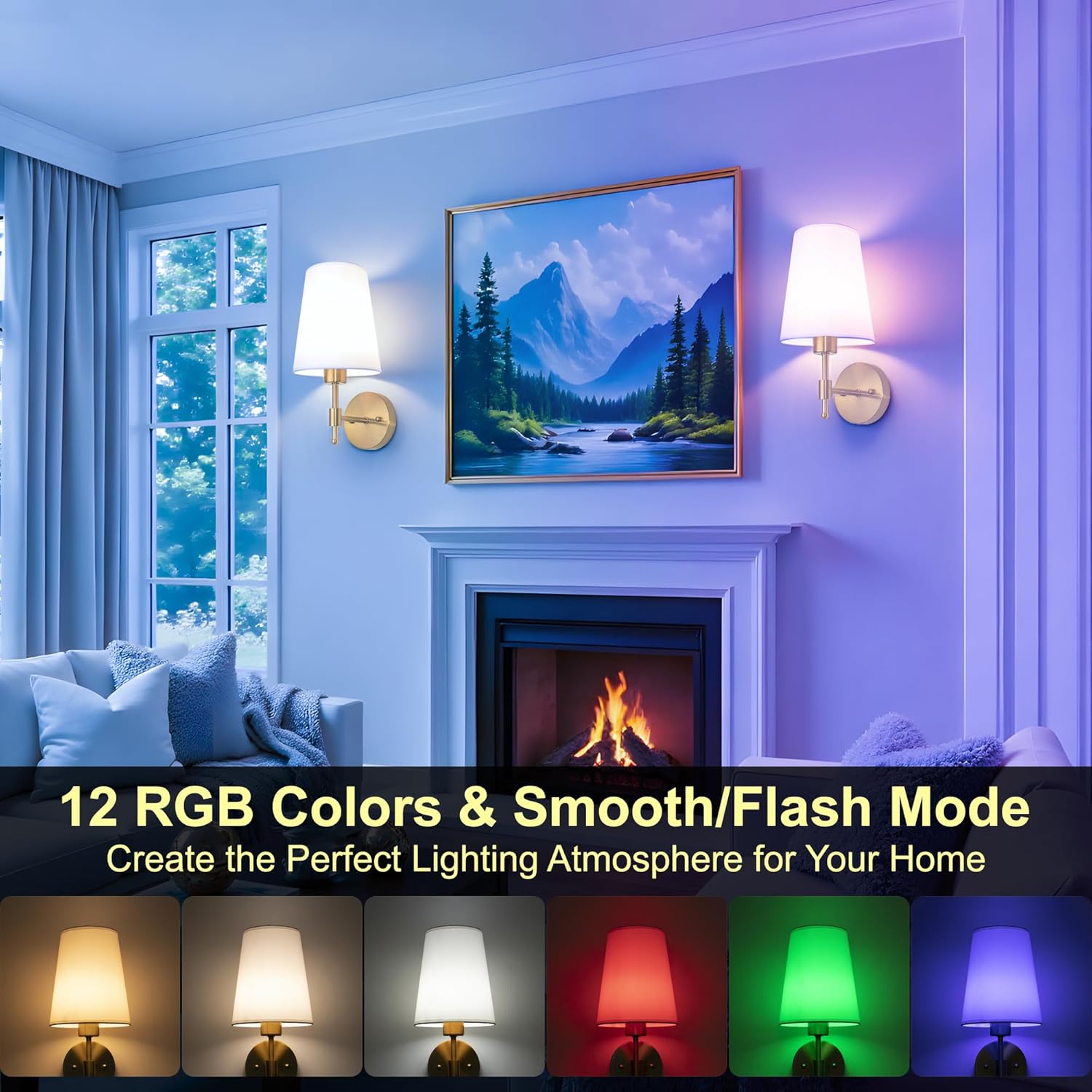 Battery Operated Wall Sconces Set of 2, Rechargeable Gold Wall Sconce with Remote Control, 12 Colors RGB Magnetic Bulb, Wireless Battery Wall Lamp for Bedroom Living Room Hallway