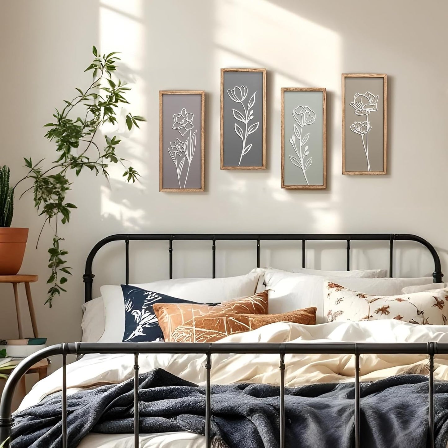 3D Wooden Floral Bathroom Wall Decor (Set of 4) Lightweight, Ready-to-Hang Framed Wall Art For Living Room, Bedroom, or Office - Premium Boho Botanical Farmhouse Decorations - Gift-Boxed